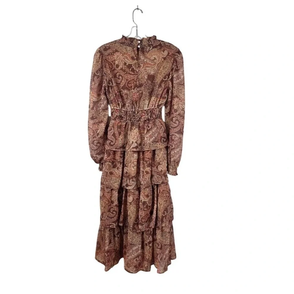Paisley Tiered Midi Dress Womens XS Brown Boho Smocked‎ Ruffle Long Sleeve